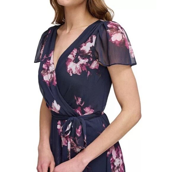 New DKNY Womens Size 8 Navy Floral Flutter-Sleeve Faux-Wrap Midi Dress $129 - Picture 4 of 12